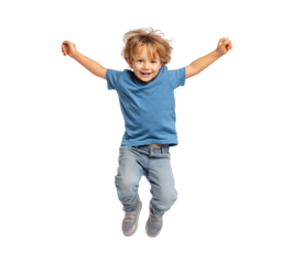 Happy boy wearing a blue t-shirt and grey jeans jumping for joy isolated on a transparent background