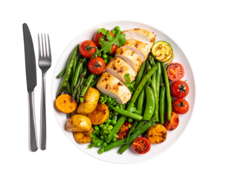 “Top View of Healthy Air-Fried Chicken and Vegetable Platter with Cutlery and Text Area, Transparent Background”