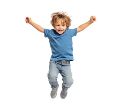 Happy boy wearing a blue t-shirt and grey jeans jumping for joy isolated on a transparent background