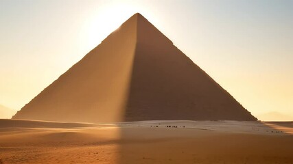 A serene sunrise shot of the Great Pyramid, with soft light casting long shadows and highlighting the grandeur of the ancient wonder