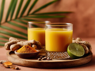  a wooden tray with Jamu herbal drink in glass, surrounded by turmeric, ginger, and lime, soft natural lighting 
