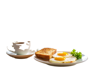  "Rustic Morning Breakfast Plate with Eggs, Toast, and Coffee in a Cozy Sunlit Room, Transparent Background"