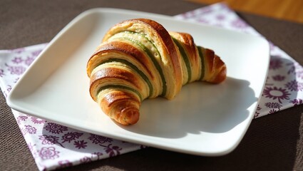 Croissant mit Pistaziencreme auf weißem Teller und violetter Serviette bei Tageslicht