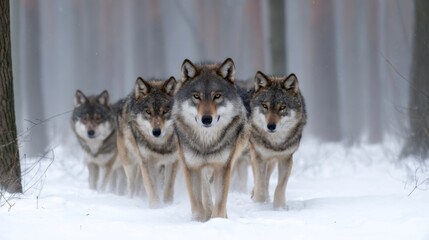 Fototapeta premium Wolf pack walking in snowy forest during winter