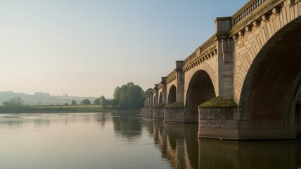 Obraz premium Reina. Serene Sunrise over Stone Arch Bridge and River