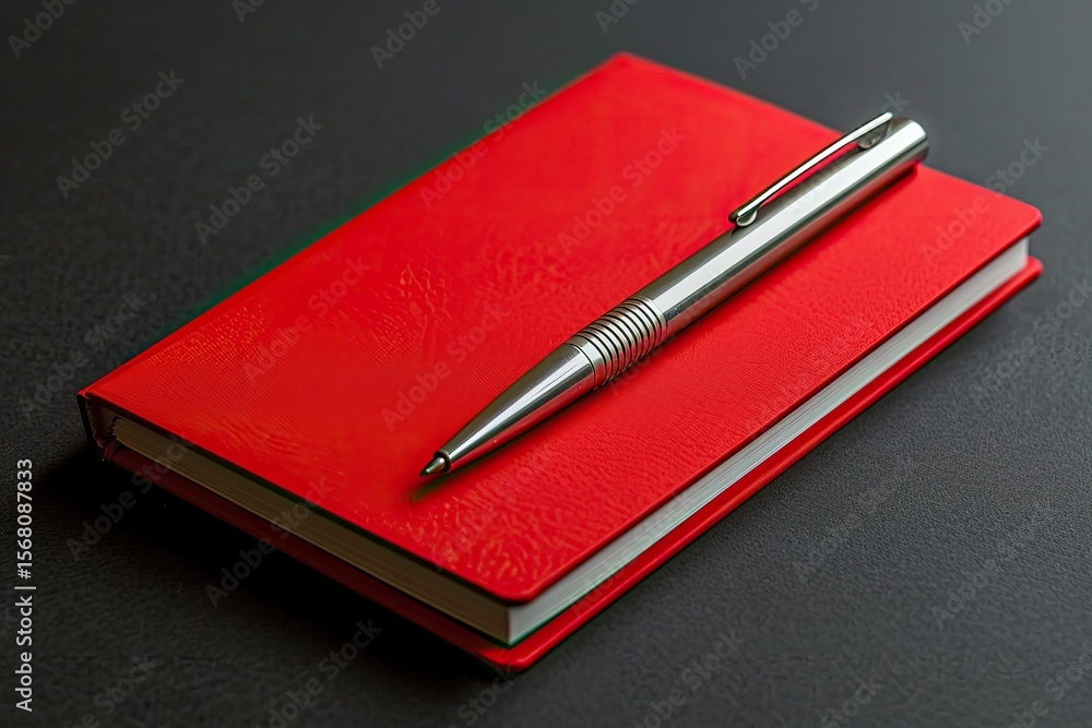 Aufkleber high detail image of a red notebook with a pen on the top of it