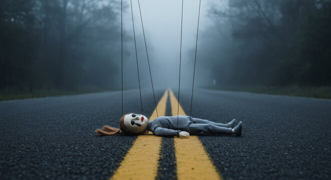 Doll on foggy deserted road with yellow lines and puppet strings amidst misty trees