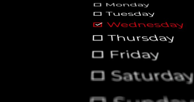 Calendar design showing the days of the week moving forward, with Wednesday marked with a checkered square on a black background or overlay.