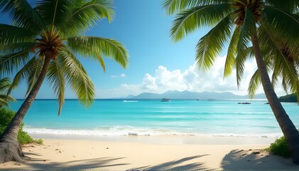Tropical beach with clear blue sky and palms