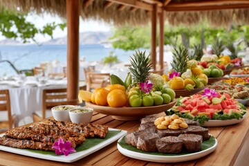 Buffet table displaying grilled meat, fresh fruit, and various dishes in tropical restaurant by the sea