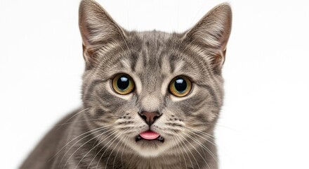 Cute Grey Tabby Cat Licking Lips with Big Eyes