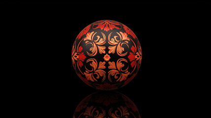 Black sphere with orange floral patterns reflecting on a dark surface. Suitable for fashion, abstract design, backgrounds, art concepts.
