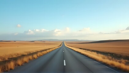 Open road through flat golden landscape