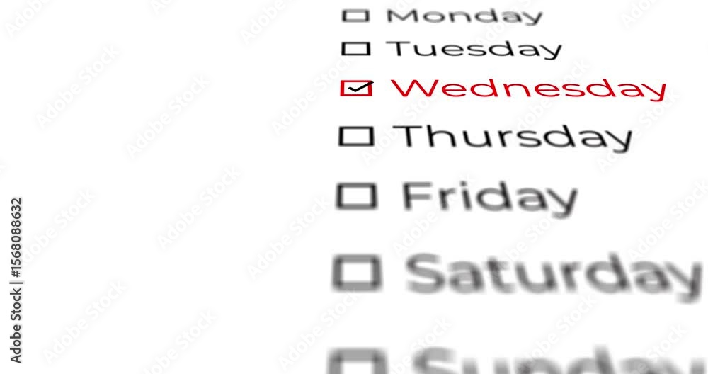 Aufkleber animated video of a list of days of the week advancing to wednesday, with space for text on a white 
