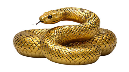 Fototapeta premium Majestic golden serpent coiled intricately with gleaming scales and forked tongue isolated on transparent background