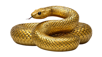 Majestic golden serpent coiled intricately with gleaming scales and forked tongue isolated on transparent background