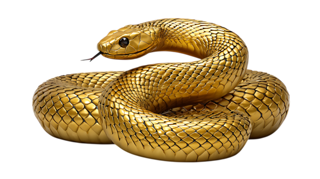 Majestic golden serpent coiled intricately with gleaming scales and forked tongue isolated on transparent background