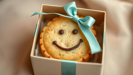 A smiling cookie is presented in a gift box