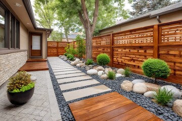 Modern backyard garden landscaping with wooden fence and stone pathway