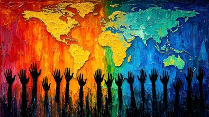 Obraz premium Colorful world map, reaching hands to bright future