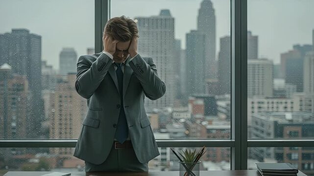 Young businessman suffering from a headache sitting by the window in a high rise office
