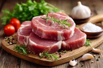 Fresh pork steaks with herbs and spices ready for grilling