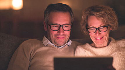 A middle-aged couple wearing glasses relaxes at home, smiling while looking at a laptop screen in a cozy, warmly lit setting.