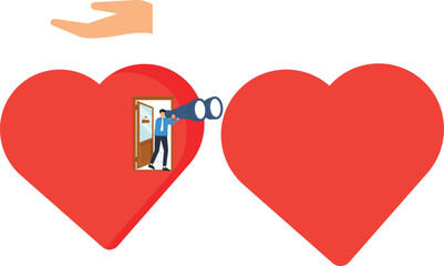 Business Vision and Opportunity Concept Businessman Looking Through Binoculars Inside Heart Shape Doorway for Future Growth and Success