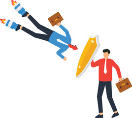 Business Protection Concept Illustration Businessman Shielding from Risk Rocket Boosters, Business Strategy, Risk Management, Financial Security, Investment, Vector