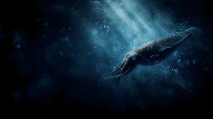 Fototapeta premium A giant squid swimming through the dark depths of the ocean trench