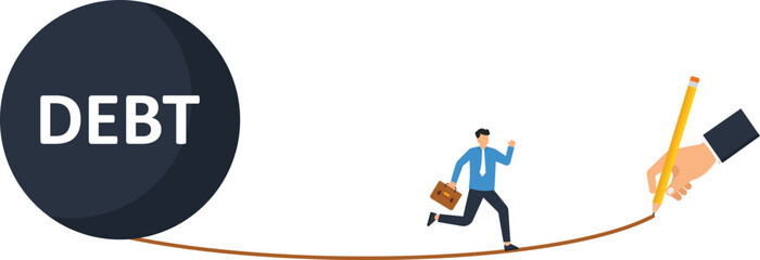 Businessman Balancing on Tightrope Above Debt Risk Financial Crisis Concept Illustration, Business Challenge, Financial Risk, Debt Management, Bankruptcy