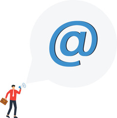 Email Marketing Announcement Illustration Businessman with Megaphone and At Symbol Concept for Business Communication Strategy