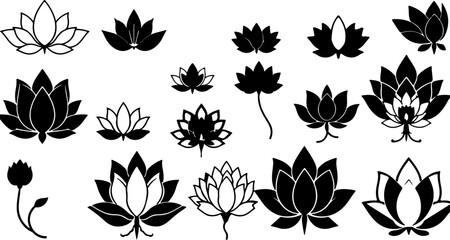 Fototapeta premium Lotus Silhouette Vector Collection, Set of Lotus Flower Silhouettes, Minimalist Lotus Vector Set, Black Lotus Silhouette Art, Elegant Lotus Vector Pack, Lotus Outline Vector Design, Floral Lotus Silho