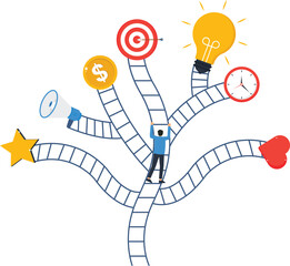 Business Strategy Illustration Reaching Goals Success Concept Businessman Climbing Ladder to Target Idea Time Money Promotion