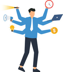 Multitasking Businessman with Multiple Arms Illustrating Business Efficiency and Time Management for Marketing and Finance Concepts