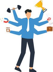 Multitasking Business Man with Multiple Arms Holding Trophy Diploma Briefcase Coffee Cup Magnet and Dumbbell Concept of Success and Achievement