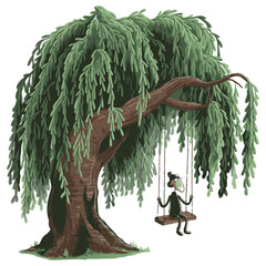 Cartoon Character Swinging from a Willow Tree