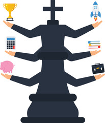 Business Strategy and Success Concept Illustration with Rocket, Trophy, Piggy Bank, Books, Calculator, and Briefcase. Financial Planning, Growth, and Achievement