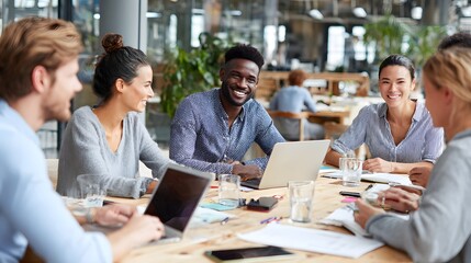 A high-resolution shot of an energetic business meeting with men and women of different ethnic backgrounds collaborating on laptops and tablets, open-plan office with natural daylight streaming 