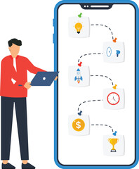 Business Strategy Mobile App Illustration: Startup Planning, Marketing, Financial Goals, Time Management, Success, and Achievement