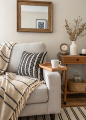 Capturing a warm ambiance, this image shows a cozy living room with neutral tones, rustic decor, and a comfortable sofa.