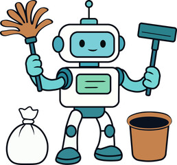 Cute cleaning robot holding a mop and duster with trash bag and bucket, vector illustration.