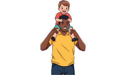 Cheerful illustration of father and son playing together, with happy expressions and vibrant colors.