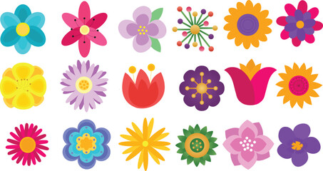 Set of spring and summer hand drawn flowers. Floral elements, wildflower, leaves and herb, plants, foliage on white background. Collection spring blossom icons. Vector flat illustration.