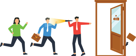 Business Team Opening New Opportunities Illustration Business People Entering Open Door Success Concept