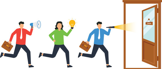 Business Team Rushing Towards Opportunity Doorway Illustration Concept Success, Innovation, Leadership, Vision, Open Door, New Ideas, Business Growth, Teamwork, Startup