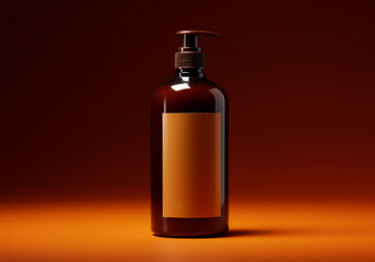 Amber Pump Bottle with Blank Label on Orange Background