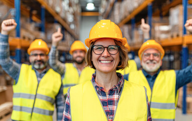 A smiling female warehouse worker in safety gear stands confidently with her team celebrating success in a well-organized storage facility.