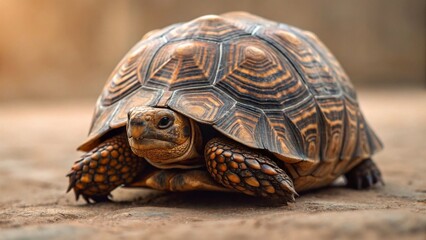 Fototapeta premium A large, sturdy tortoise with a beautifully patterned shell stands on a textured, sandy ground, bathed in soft, natural light, emphasizing its robust nature and peaceful presence