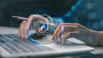 Hands coding on laptop with AI brain circuit icon and HTML interface overlay. Concept of artificial intelligence development, machine learning, and software engineering.